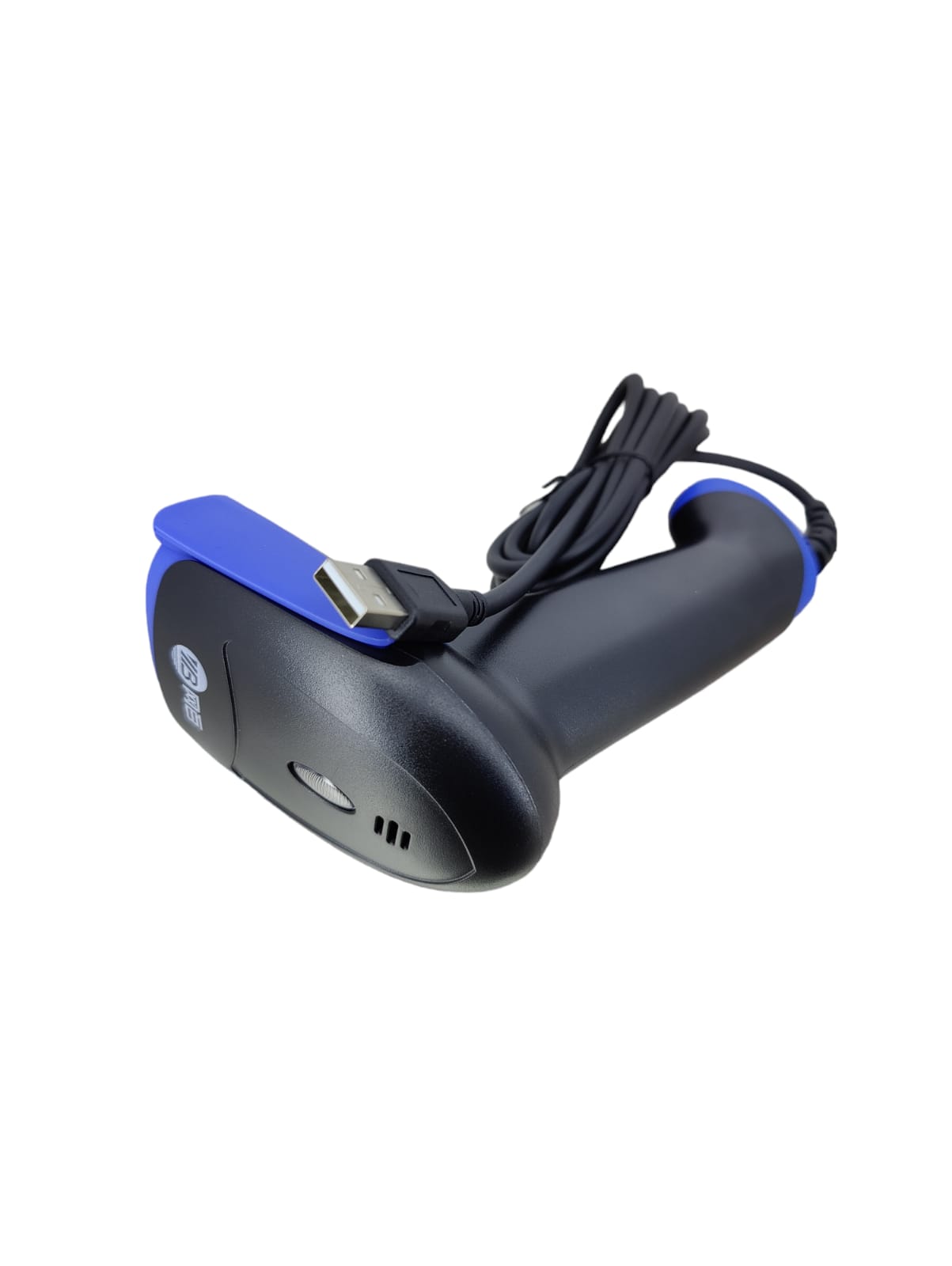 Handheld USB barcode scanner with blue accent for efficient POS and inventory management.
