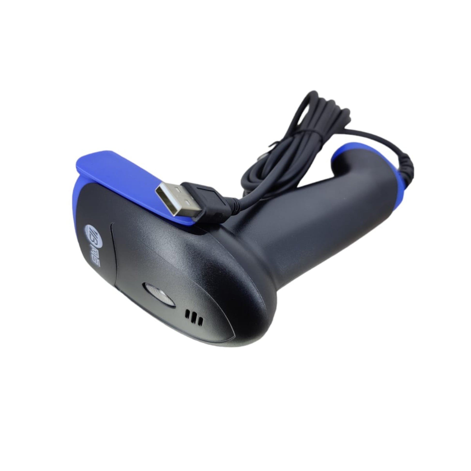 Handheld USB barcode scanner with blue accent for efficient POS and inventory management.