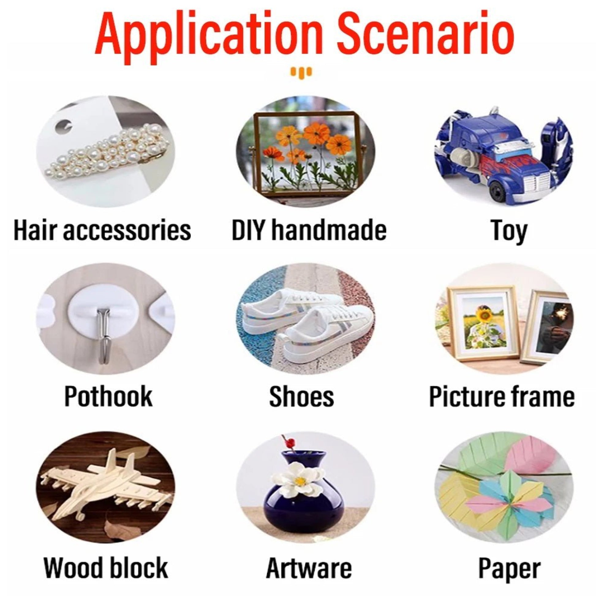 Image showcasing various DIY applications: hair accessories, toys, pothooks, shoes, picture frames, wood blocks, artware, and paper.