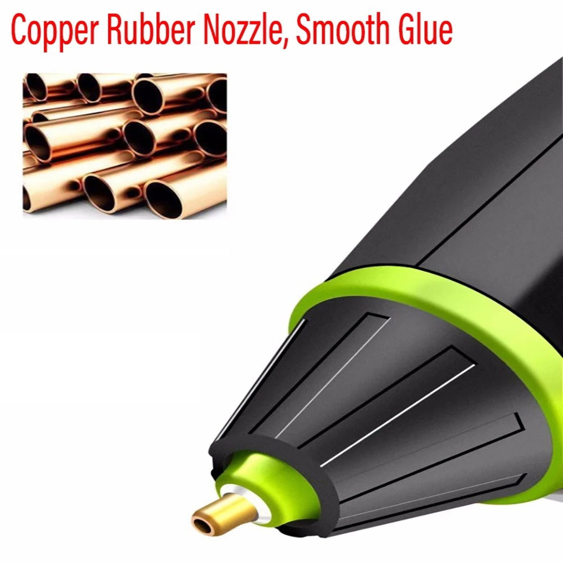 Close-up of copper rubber nozzle on a wireless glue gun for seamless gluing in DIY projects.