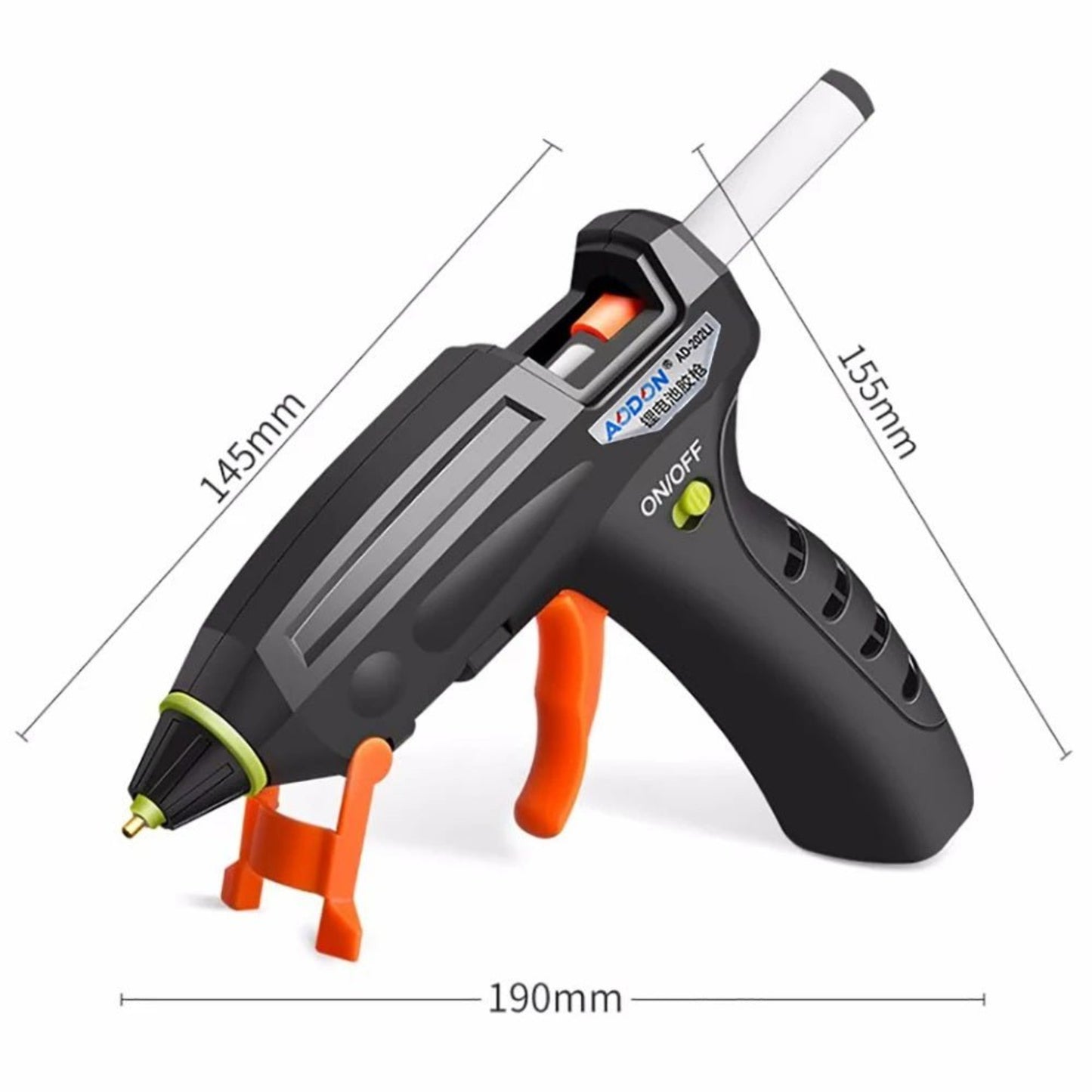 3.7V wireless lithium hot glue gun with ergonomic grip and adjustable nozzle for DIY projects.