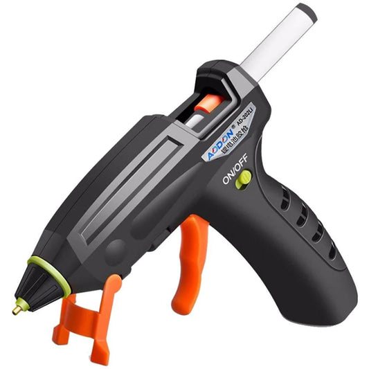 3.7V wireless lithium hot glue gun with ergonomic handle and copper nozzle for DIY crafts and repairs.