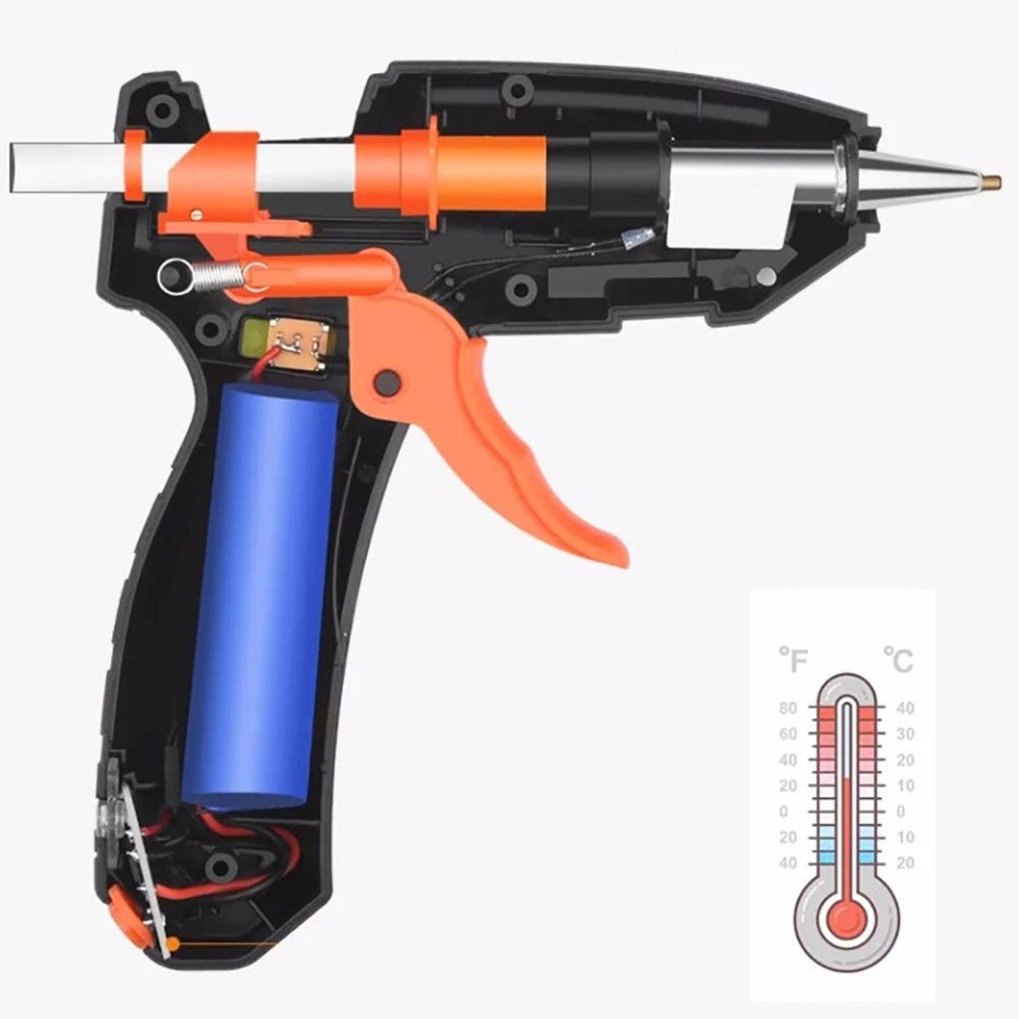 Diagram of a 3.7V cordless lithium hot glue gun, showcasing internal components and battery placement.