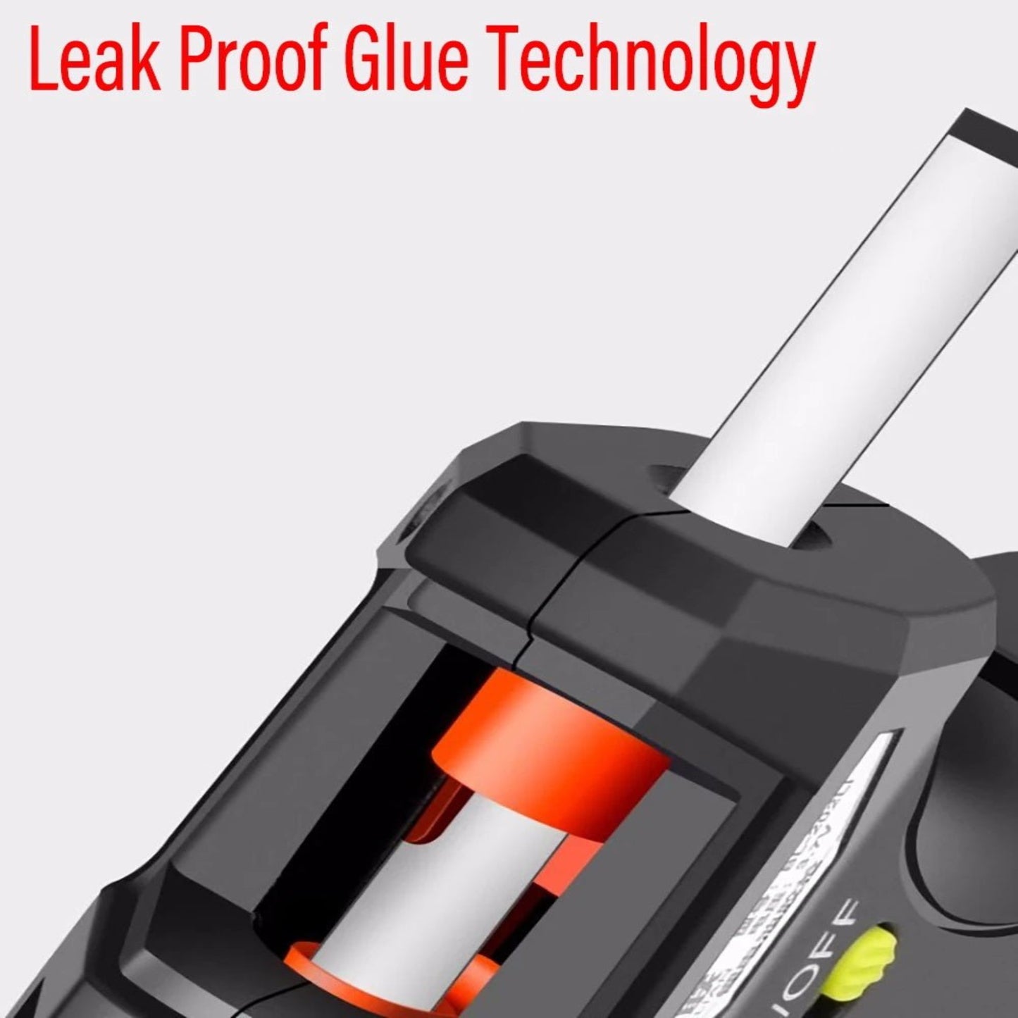 Close-up of 3.7V wireless hot glue gun showcasing leak proof glue technology and compatible glue stick.