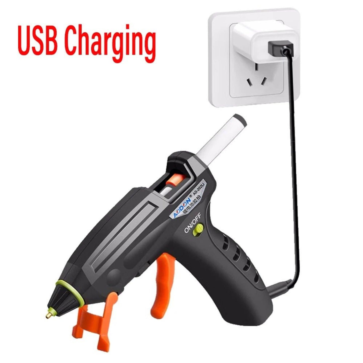 3.7V wireless lithium hot glue gun with USB charging, ideal for DIY crafts and repairs.