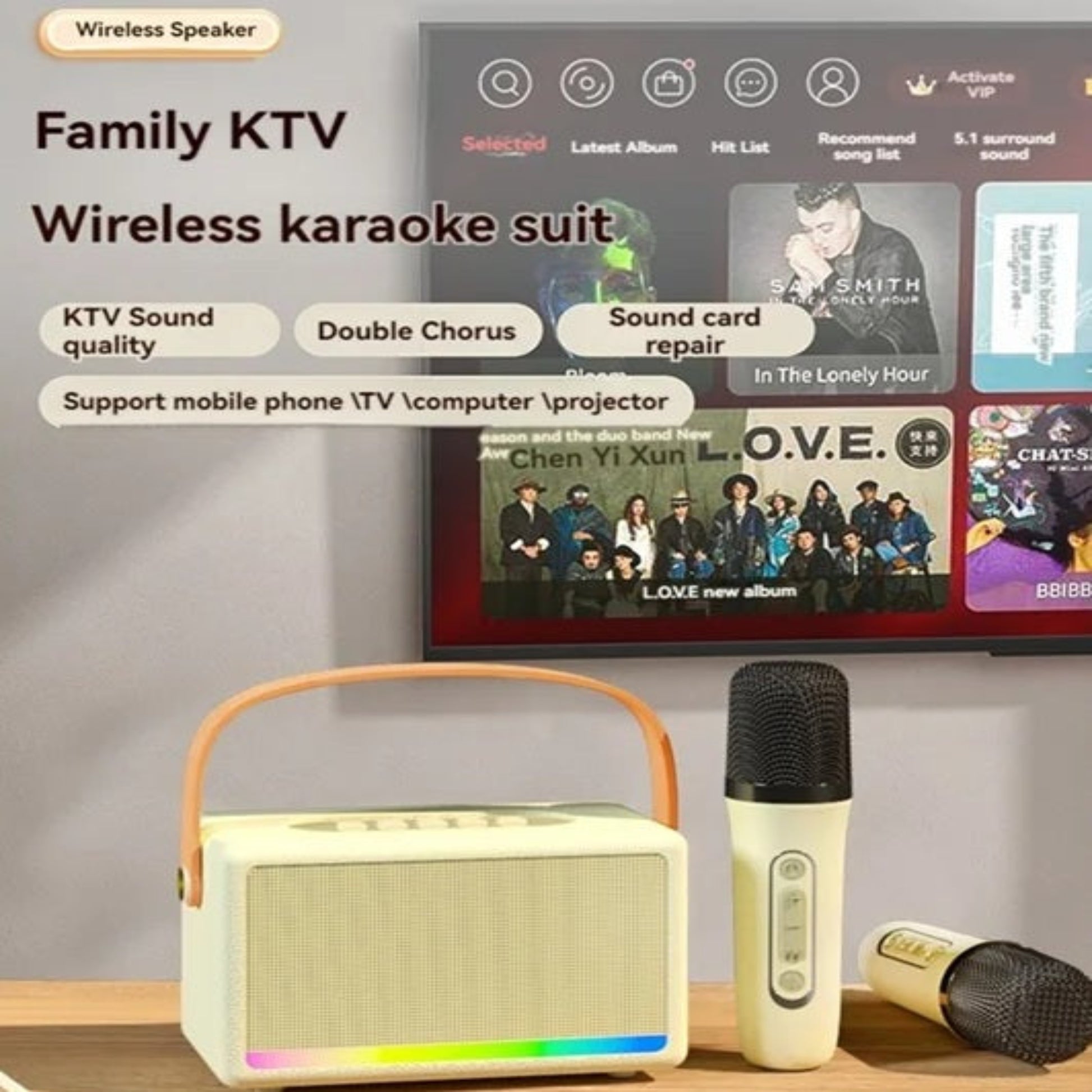 Family KTV karaoke machine wirelessly connected to a smart TV for a home singing experience.