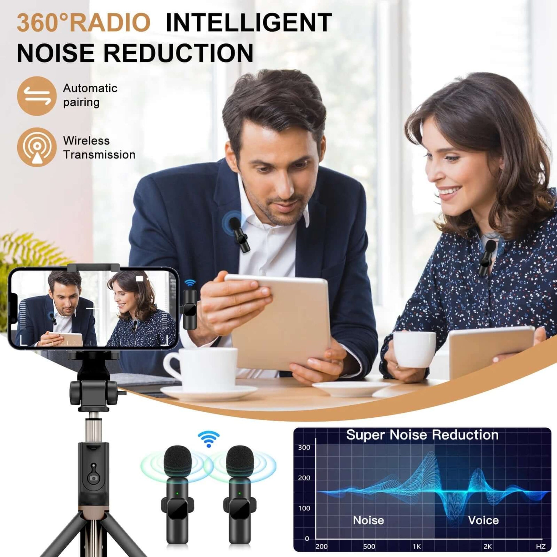 Two people using wireless lavalier microphones with 360-degree intelligent noise reduction for clear audio.