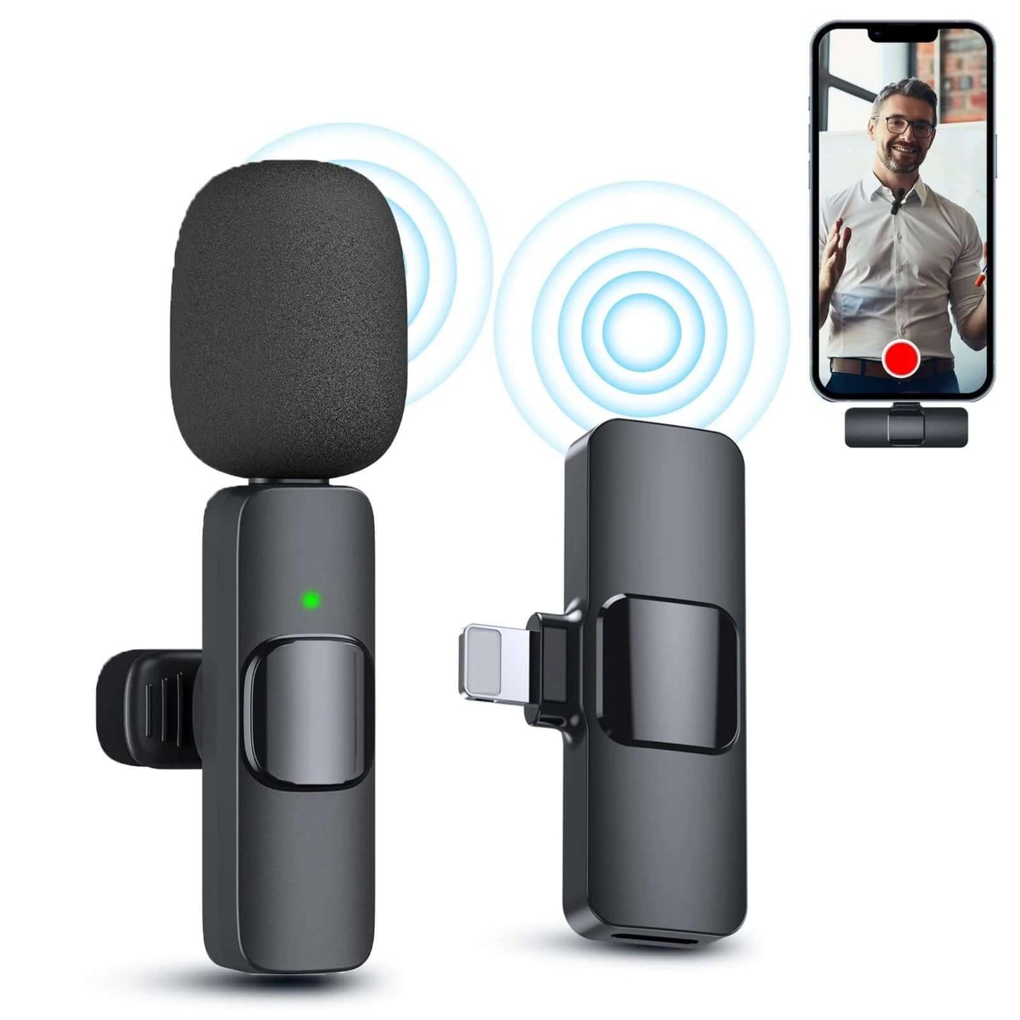 Wireless lavalier microphone connected to a smartphone, ideal for mobile video creation.