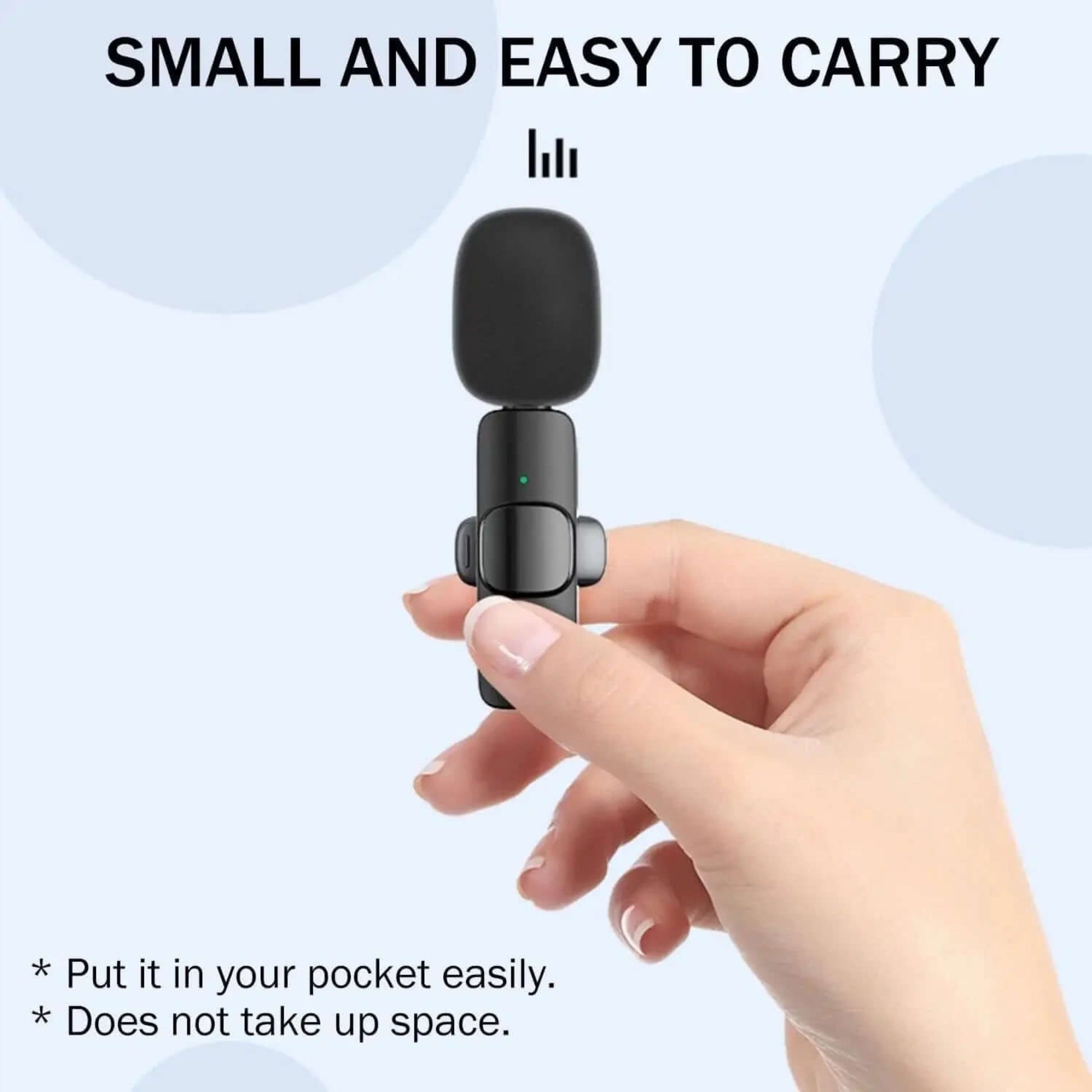 Compact wireless lavalier microphone easily fits in your pocket for on-the-go recording.