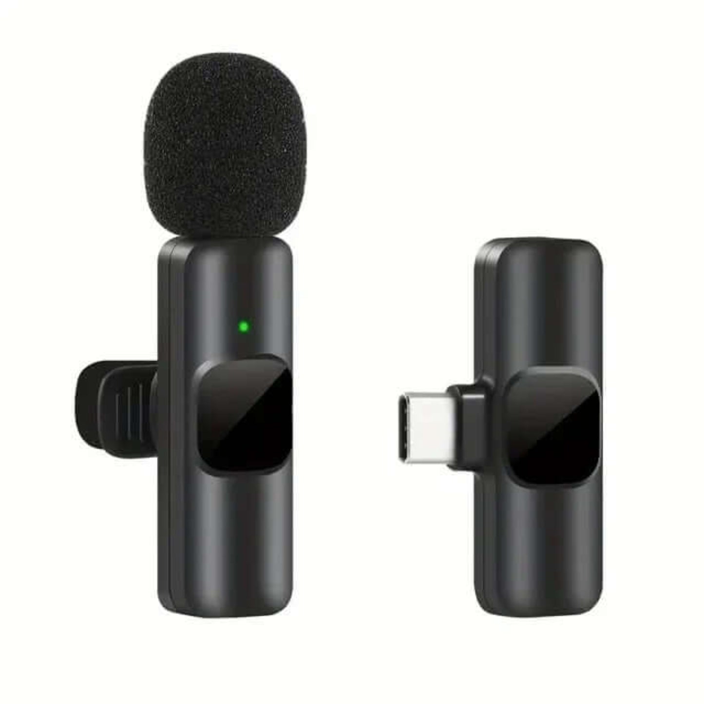Type-C and Lightning wireless lavalier microphone setup for versatile device compatibility.