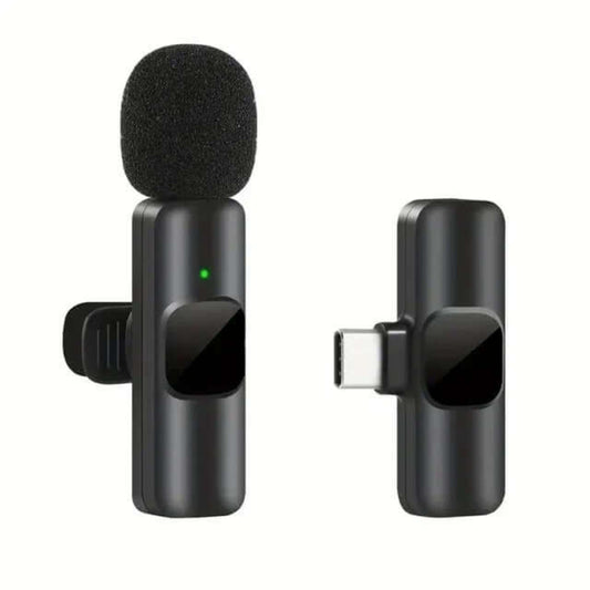 Type-C and Lightning wireless lavalier microphone setup for versatile device compatibility.