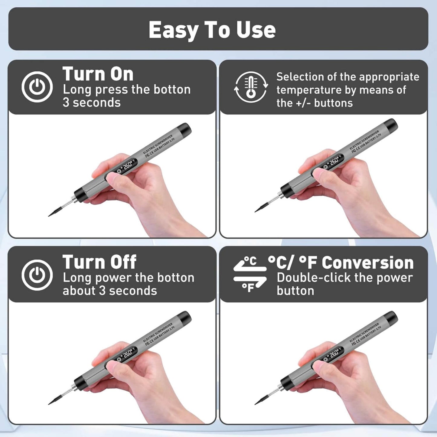 Instructional guide for using a wireless soldering iron, showing power on/off and temperature settings.