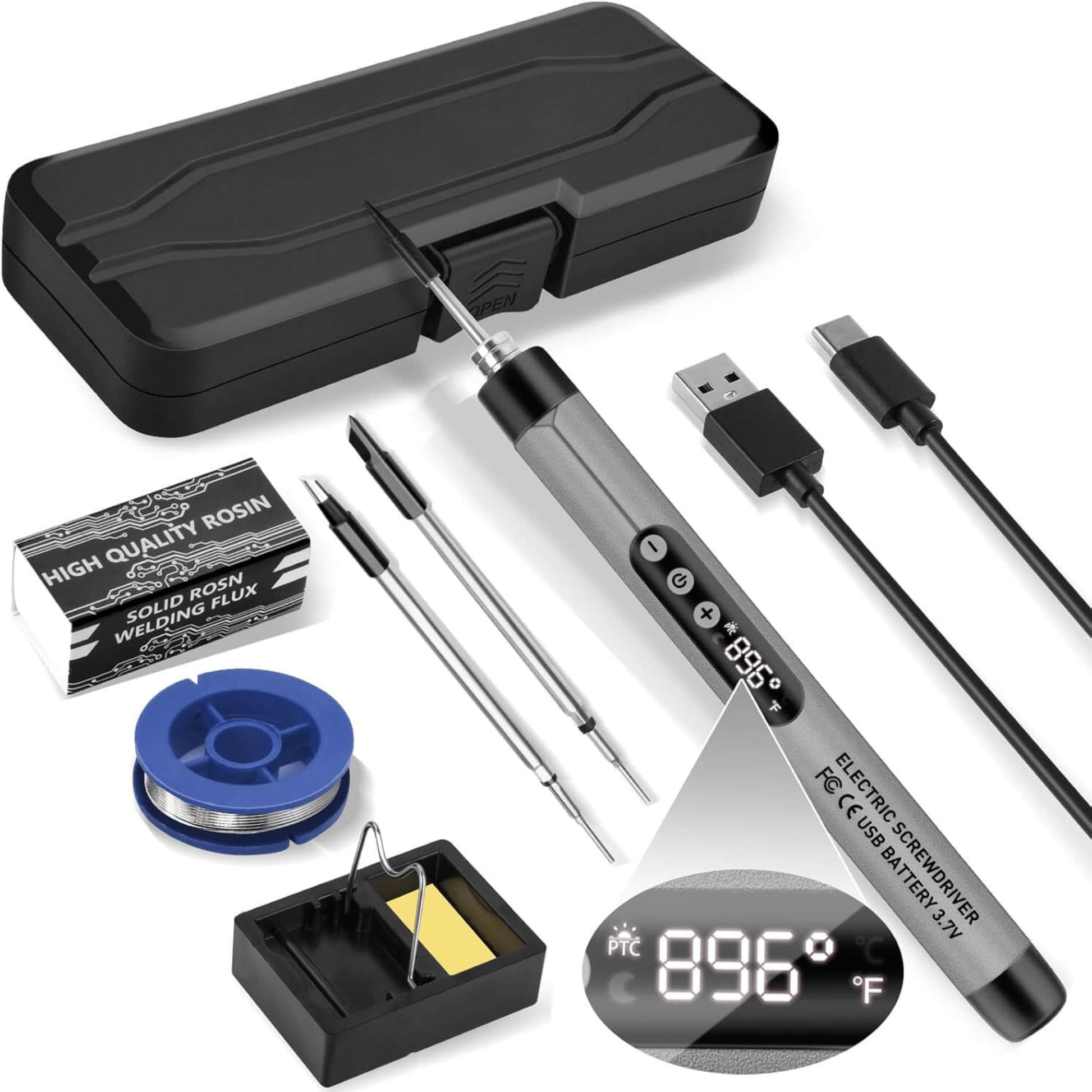 Wireless USB soldering iron kit with digital display, tools, and accessories for portable soldering.