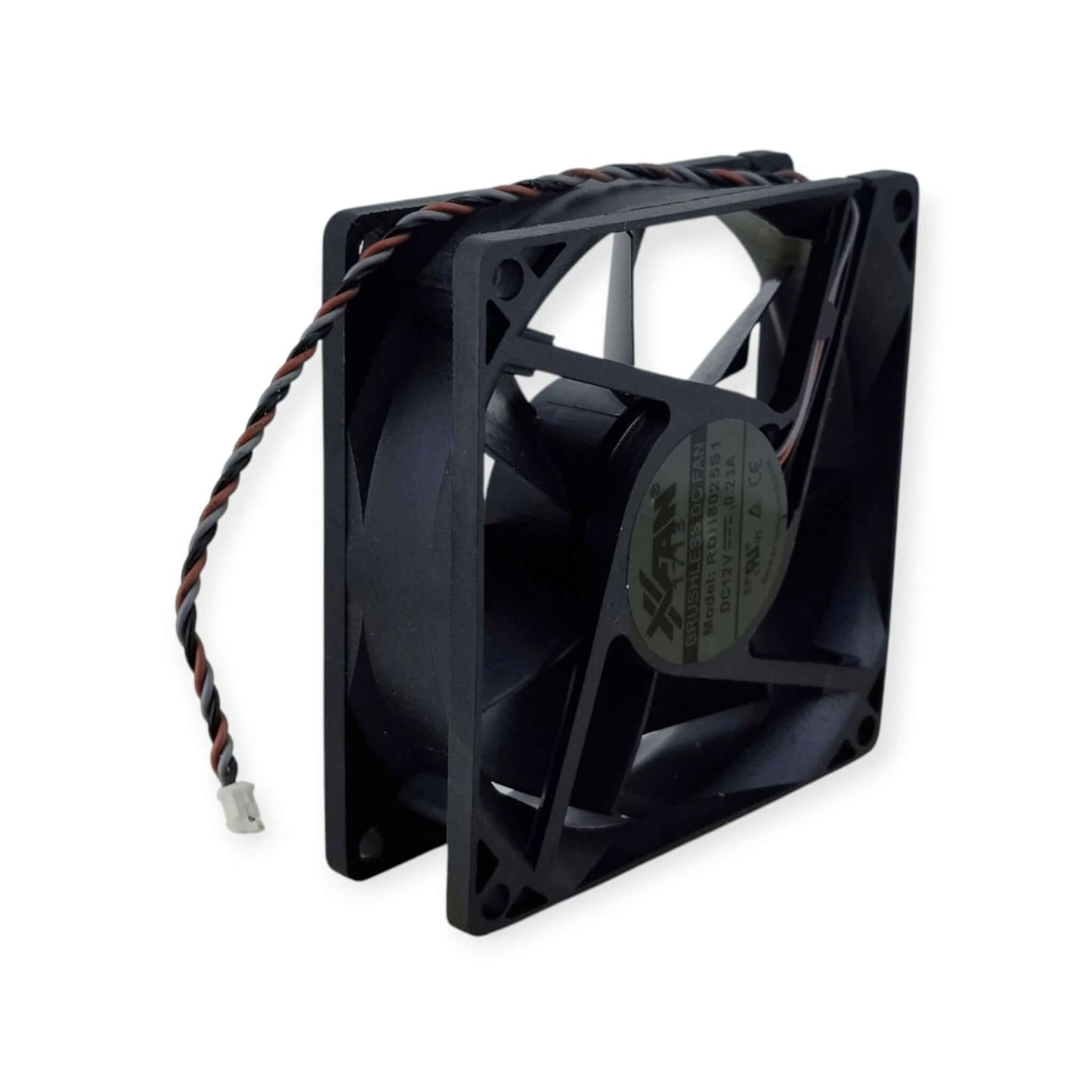 Side profile view of an 80mm by 25mm black DC cooling fan, showing its thickness and frame structure.
