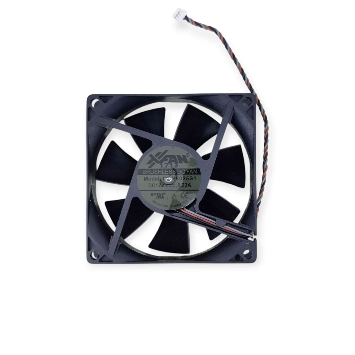 Top-down view of the XFAN RDL8025S1 80mm 12V brushless DC cooling fan, showing the fan blades and central sticker with specifications.