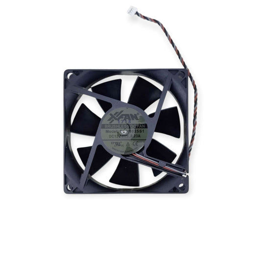 Top-down view of the XFAN RDL8025S1 80mm 12V brushless DC cooling fan, showing the fan blades and central sticker with specifications.