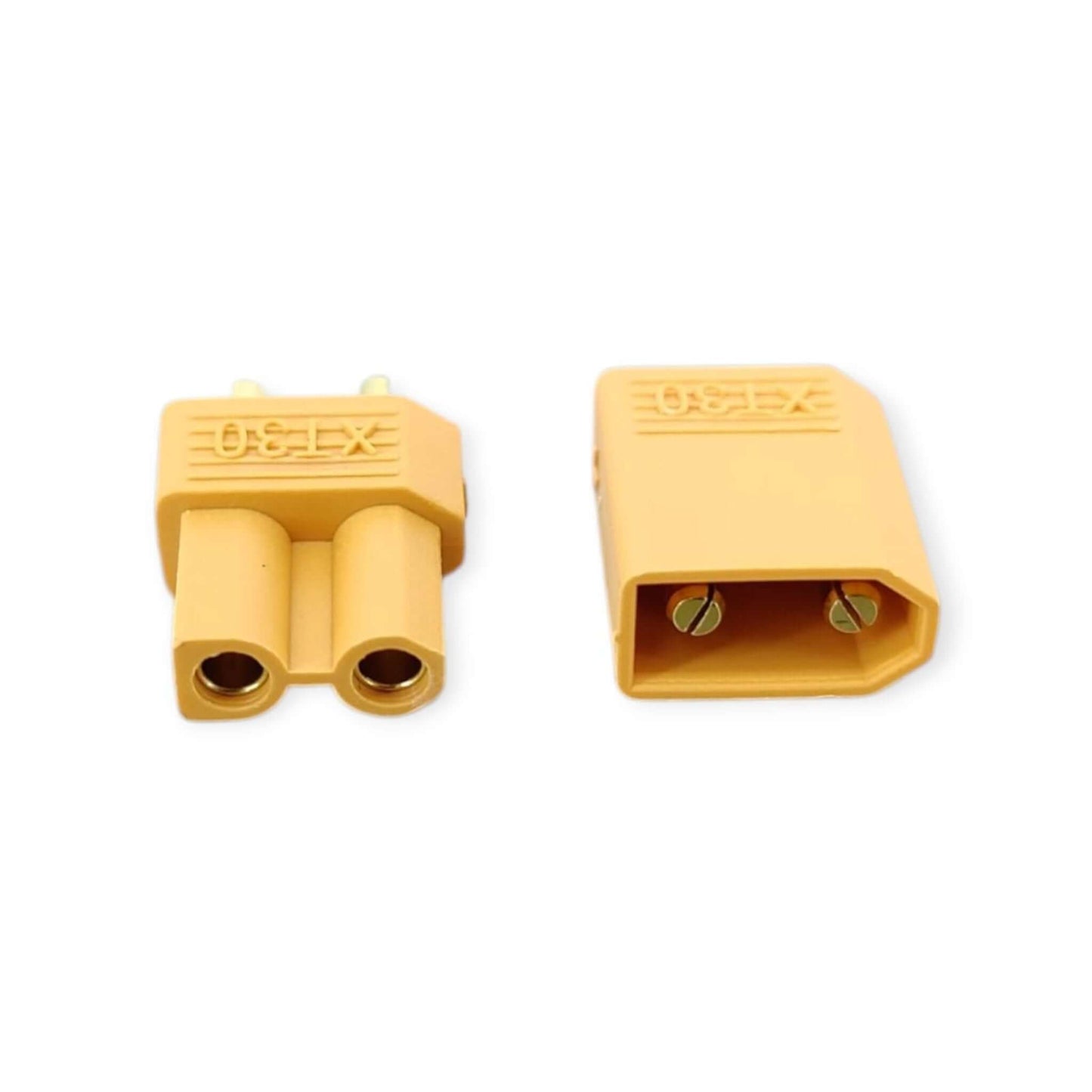 Front view of a yellow XT30 male and female connector pair showing the gold-plated sockets.