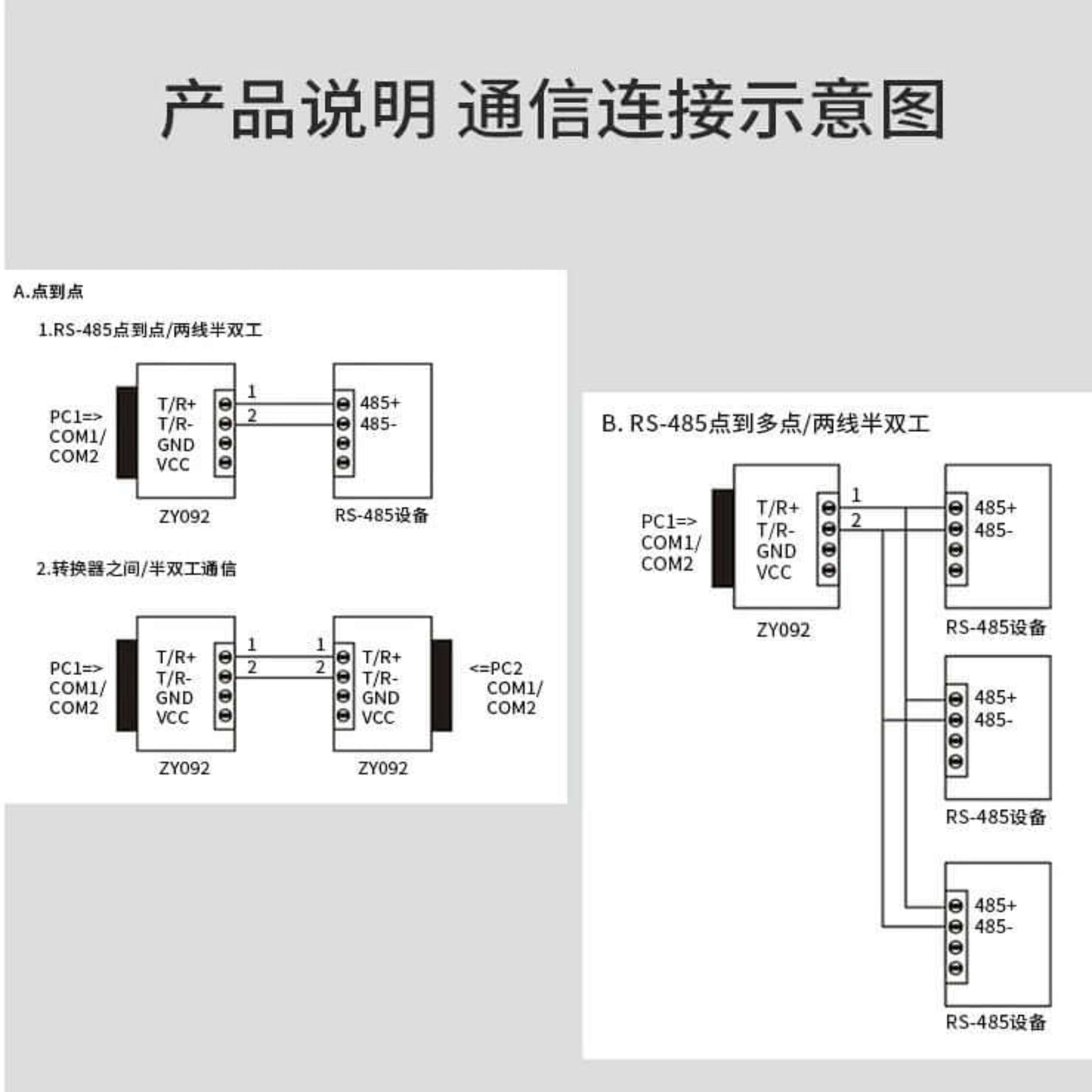 Product connection diagram for Z-TEK ZY092 RS232 to RS485 Serial Port Converter, illustrating wiring configurations.