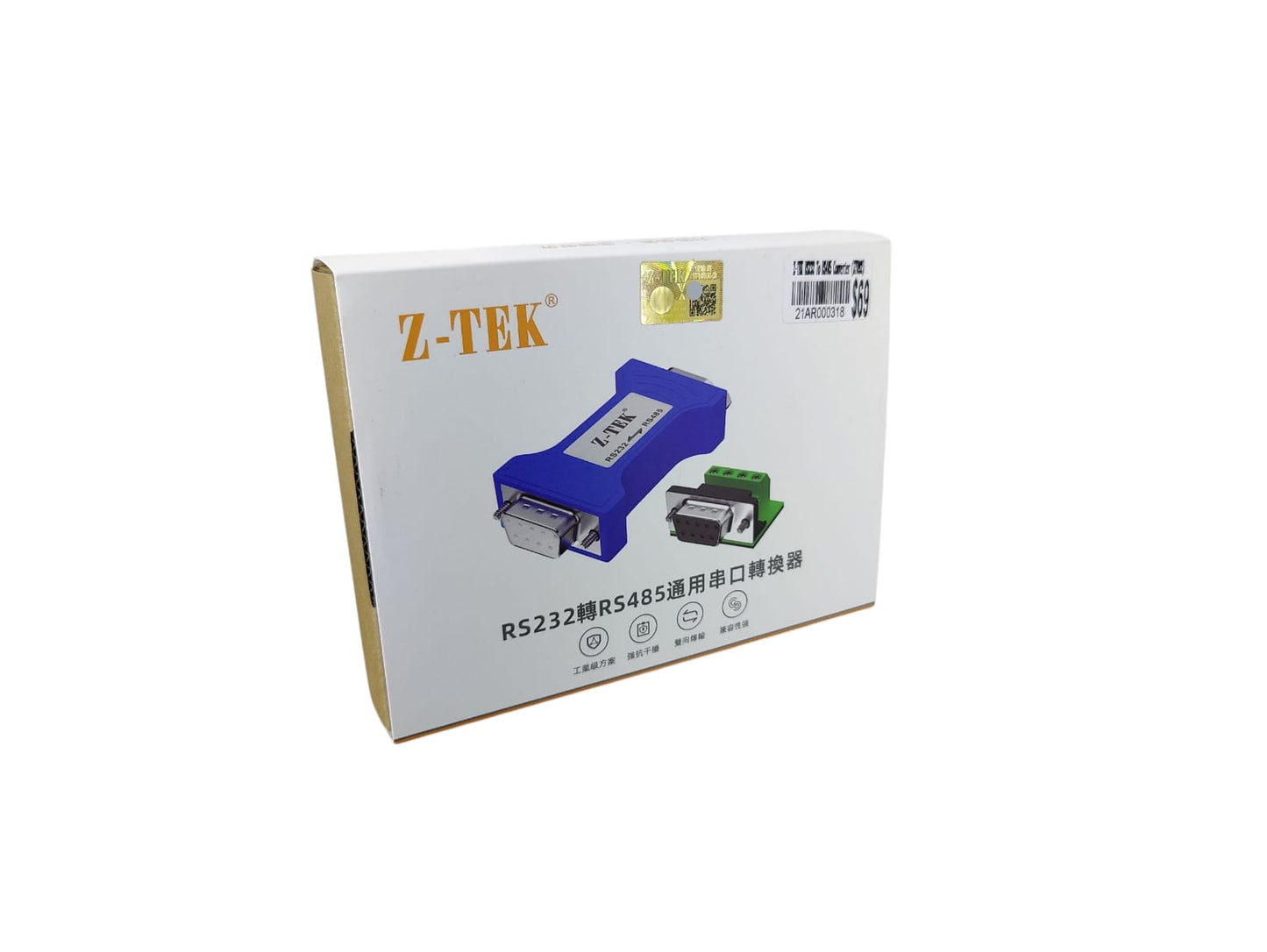 Z-TEK ZY092 RS232 to RS485 converter product box, highlighting brand and model.