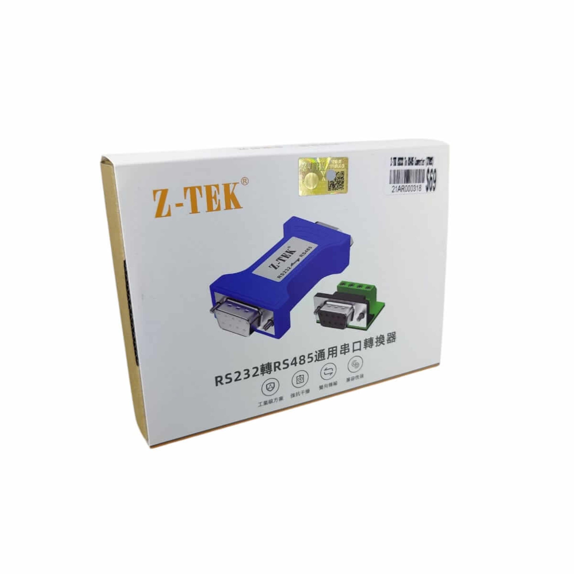 Z-TEK ZY092 RS232 to RS485 Serial Port Converter packaging with product image.