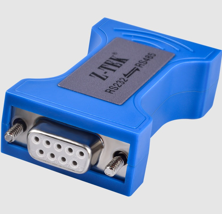 Z-TEK ZY092 RS232 to RS485 serial port converter in blue, front view with DB9 connector.