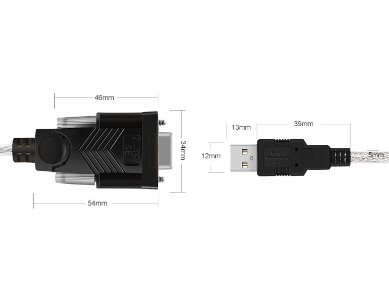 Z-TEK USB 轉 DB9 轉接線尺寸圖