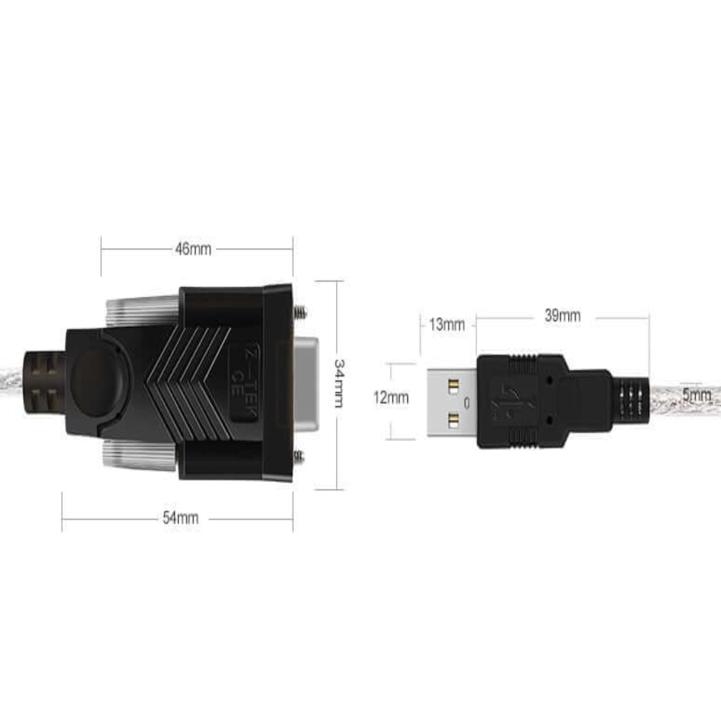 Z-TEK USB 2.0 to RS232 DB9 Female Serial Adapter Cable dimensions and connectors.