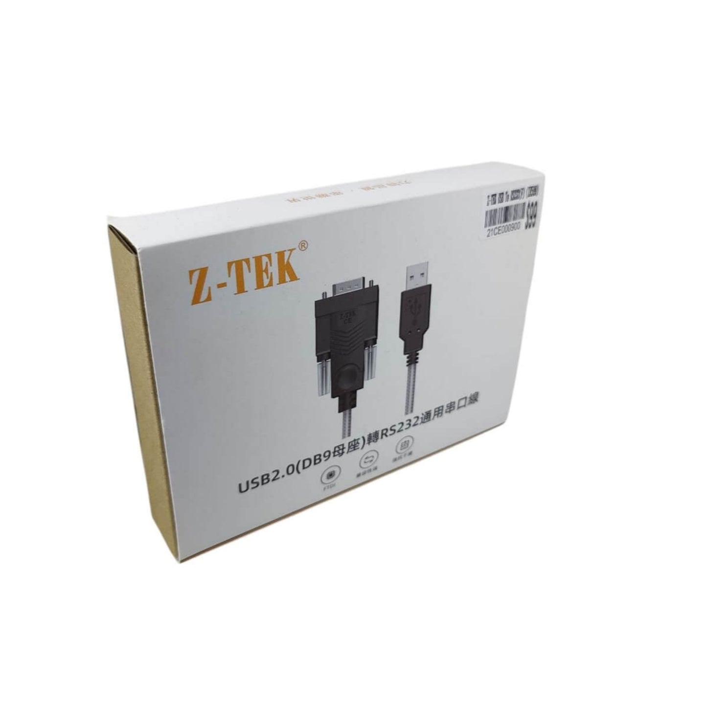 Z-TEK USB 2.0 to RS232 DB9 Female Serial Adapter Cable packaging, showcasing product features and connections.