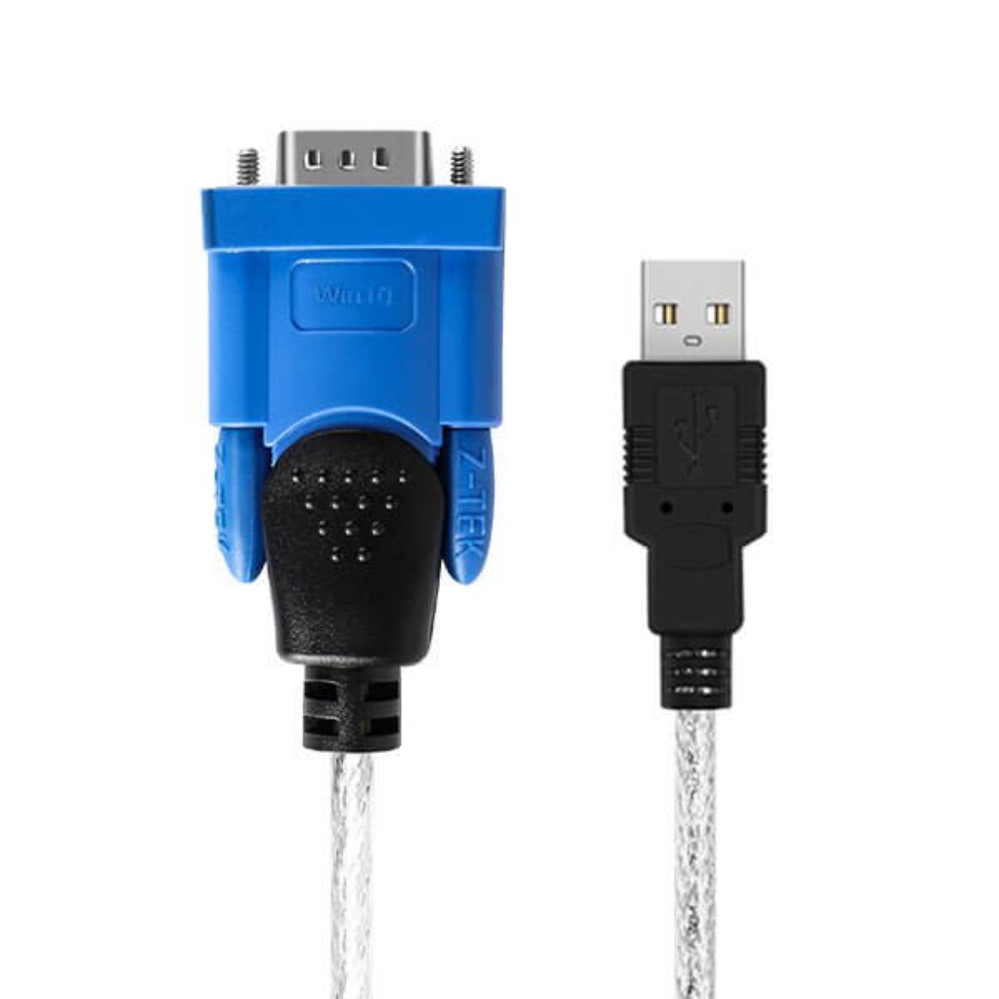 Z-TEK ZE394C USB to RS232 DB9 serial adapter cable, 1.8M length, blue and black connectors for legacy device connection.