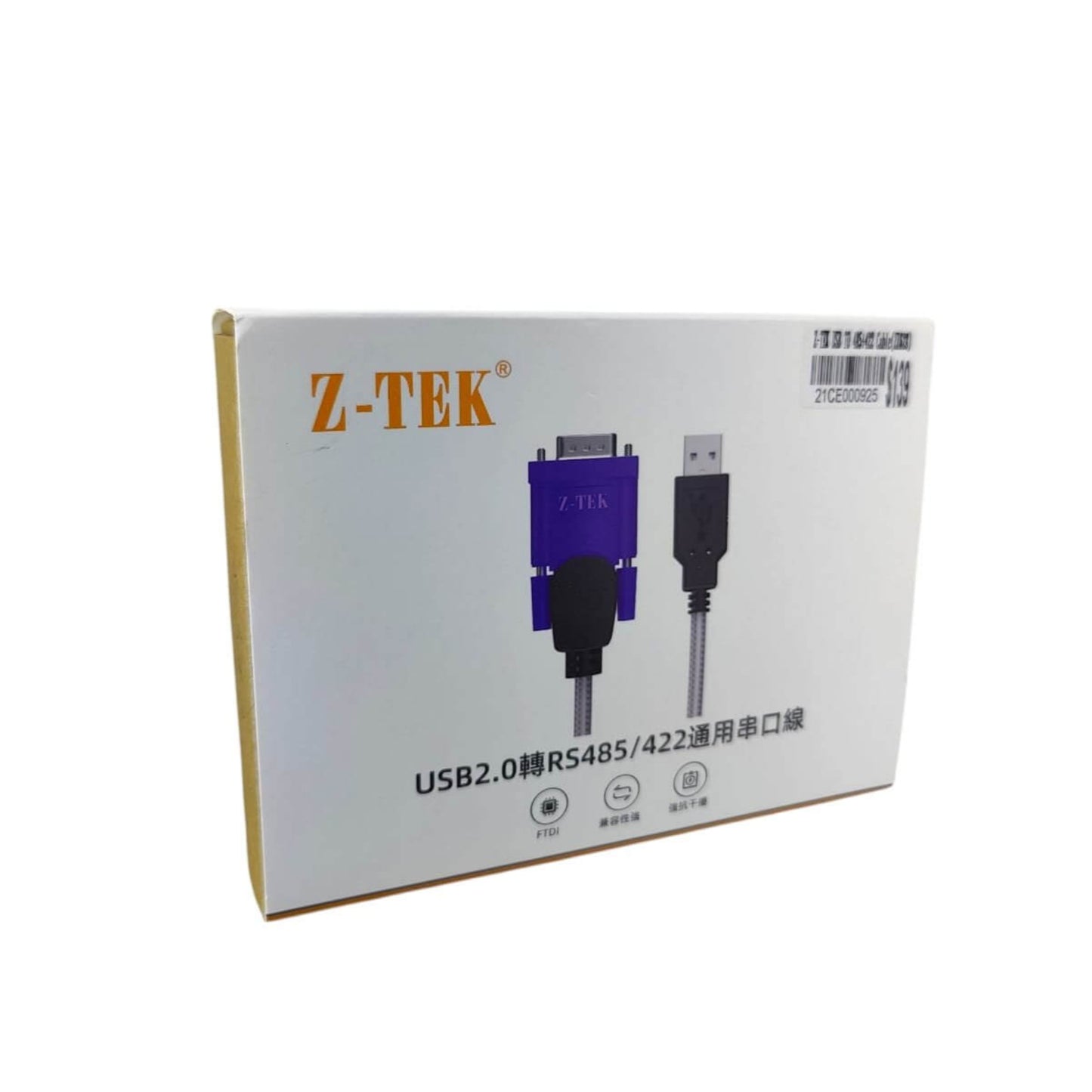 Z-TEK ZE628 USB to RS422/RS485 industrial converter cable packaging with USB connection.