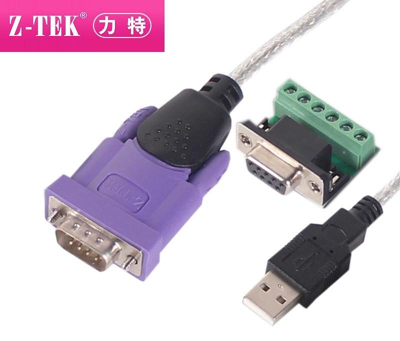 Z-TEK ZE628 USB to RS485/422 converter cable, terminal block, and USB connector