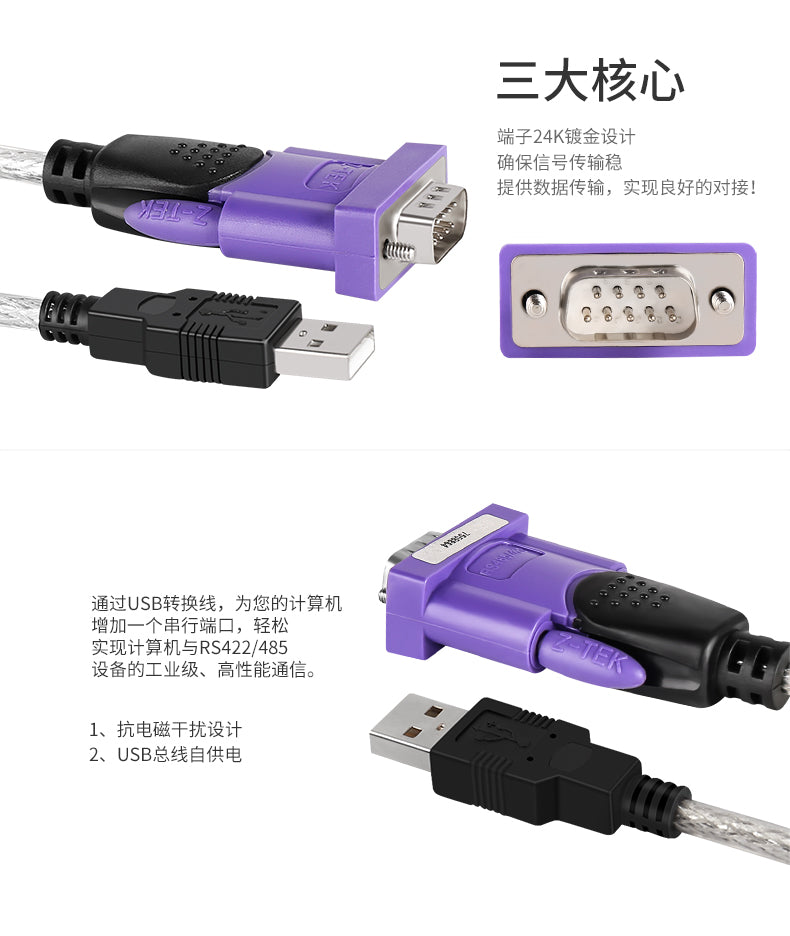 Z-TEK ZE628 USB to RS485/422 converter showing 24K gold plated terminals and anti-interference design