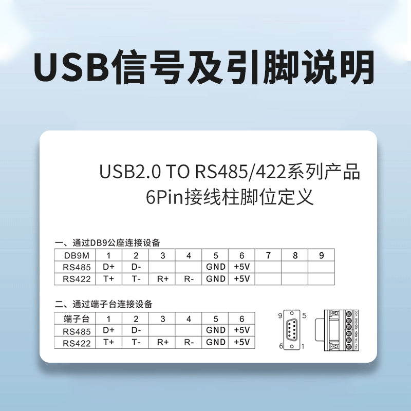Z-TEK ZE628 USB to RS485/422 pinout diagram and terminal block connection