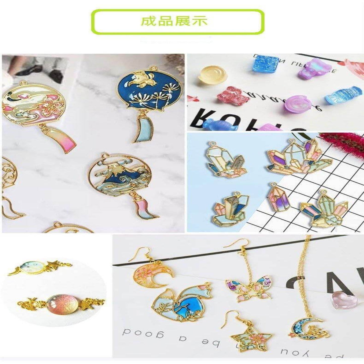 Assorted colorful resin accessories including pendants and earrings on a white background.