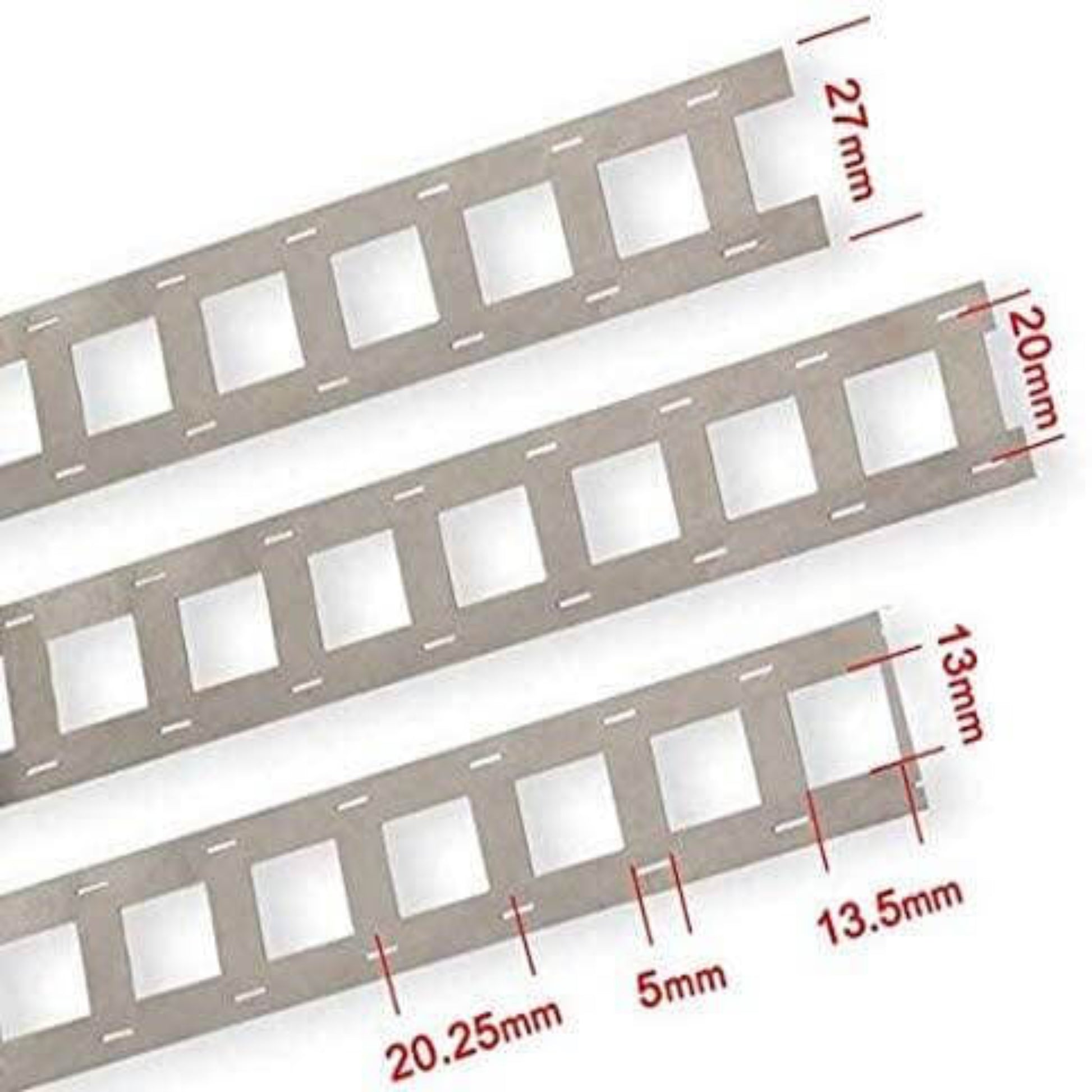 Three nickel-plated steel strips for battery spot welding, 27mm wide with various slot dimensions.