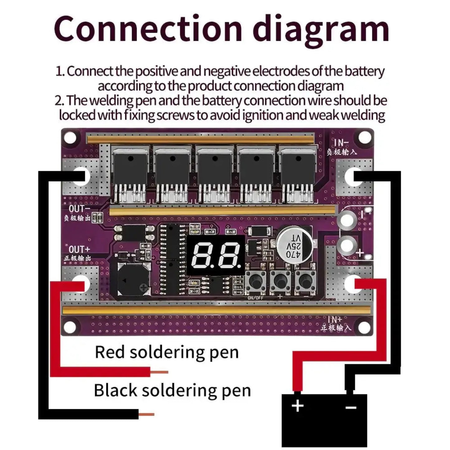 Connection diagram for a 12V Spot Welder DIY Kit, showing proper wiring for welding processes.