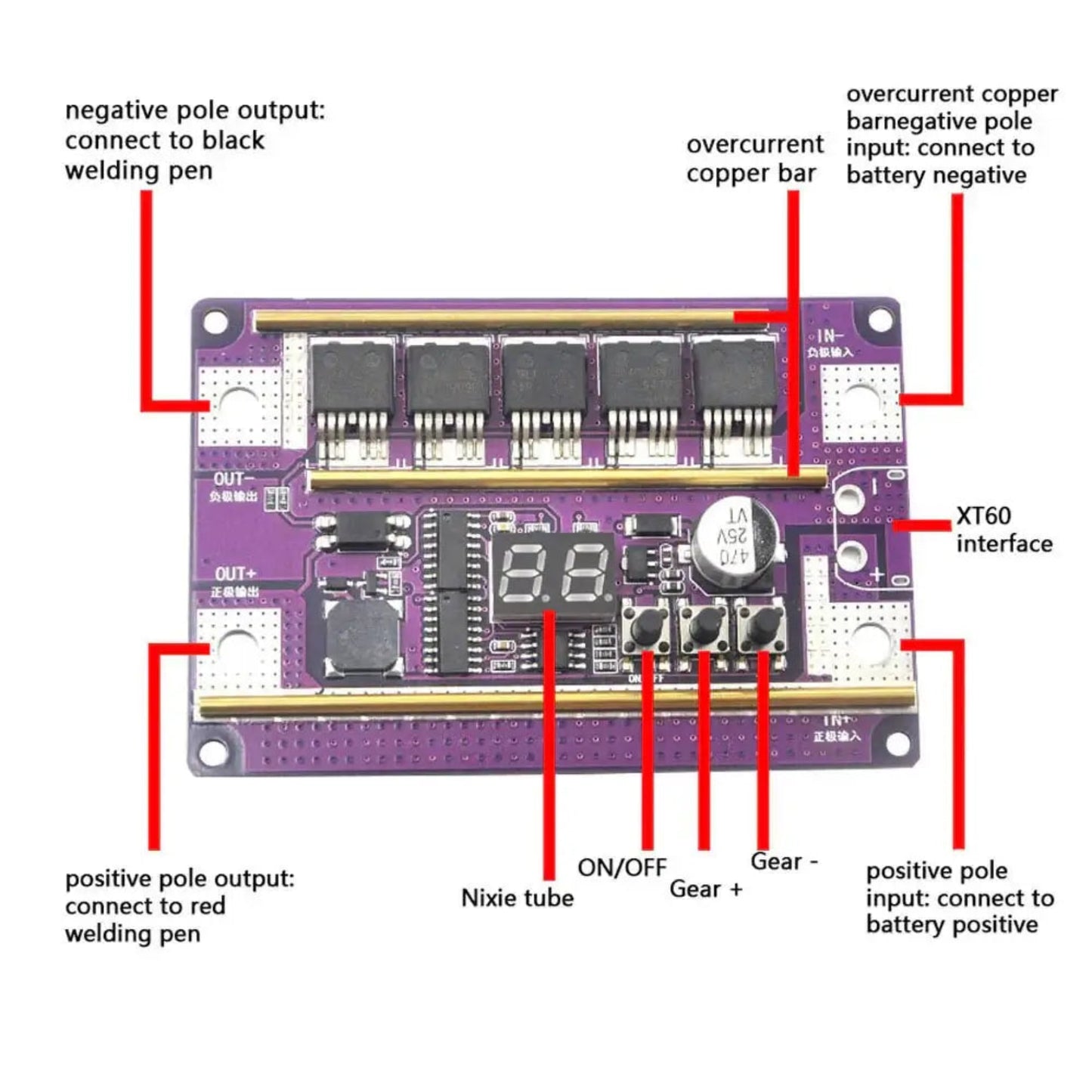 12V spot welder control board with wiring instructions for positive and negative pole connections.