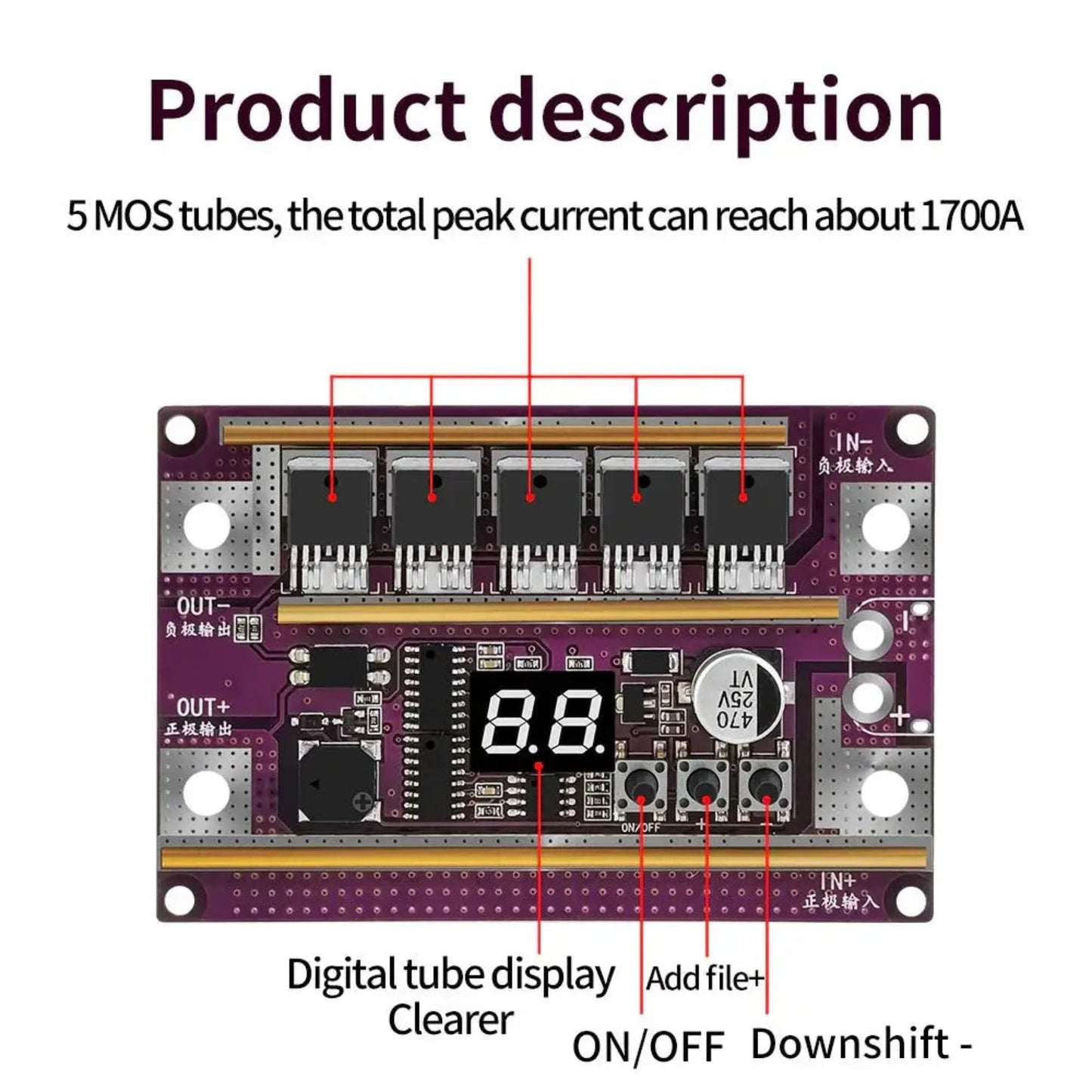 12V Spot Welder DIY Kit control board with 5 MOS tubes, digital display, adjustable power settings, peak current 1700A.