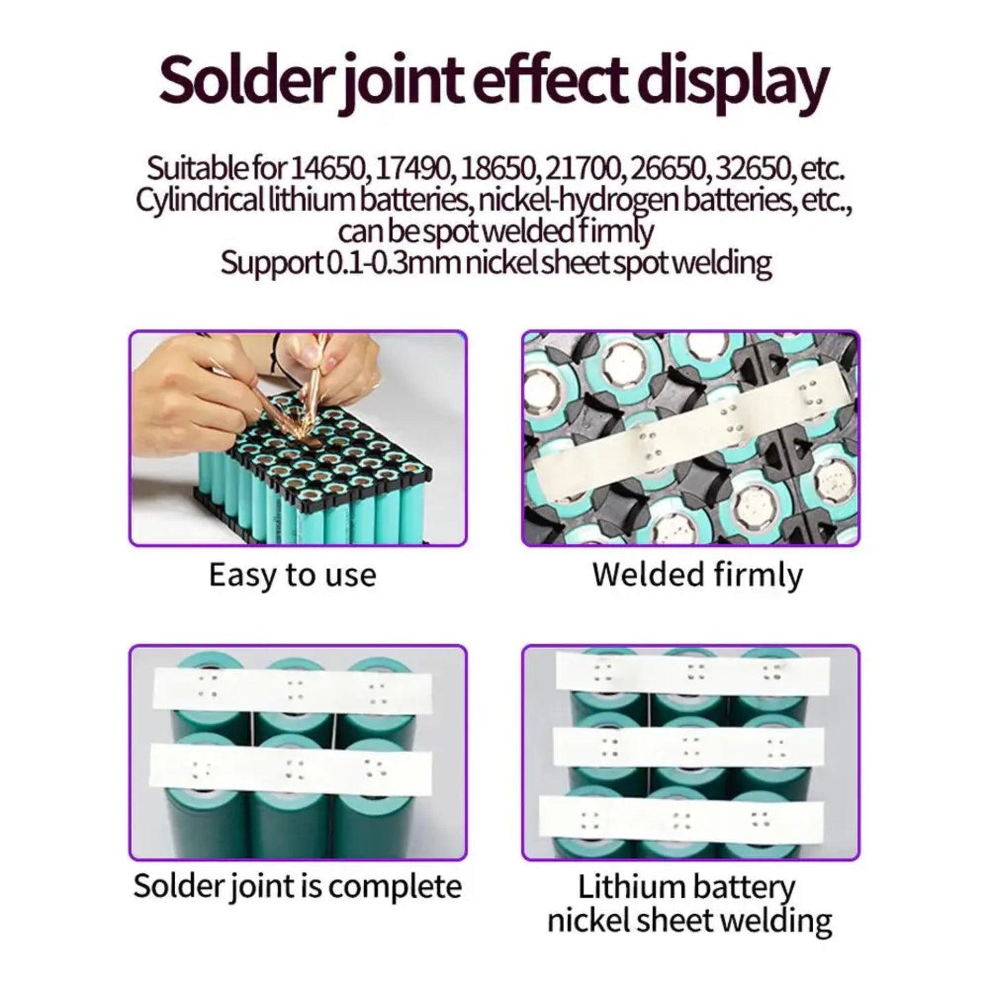 Display of solder joint effects for 12V spot welder, showcasing welding on cylindrical lithium batteries.