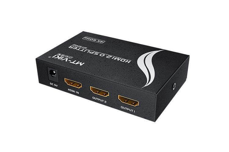 2-port HDMI 2.0 splitter with one input and two outputs, supporting 4K and 3D video.