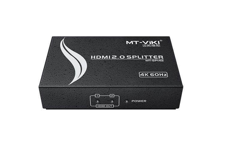 MT-VIKI HDMI 2.0 splitter model MT-SP142 for 4K 60Hz with 1 input and 2 output ports.