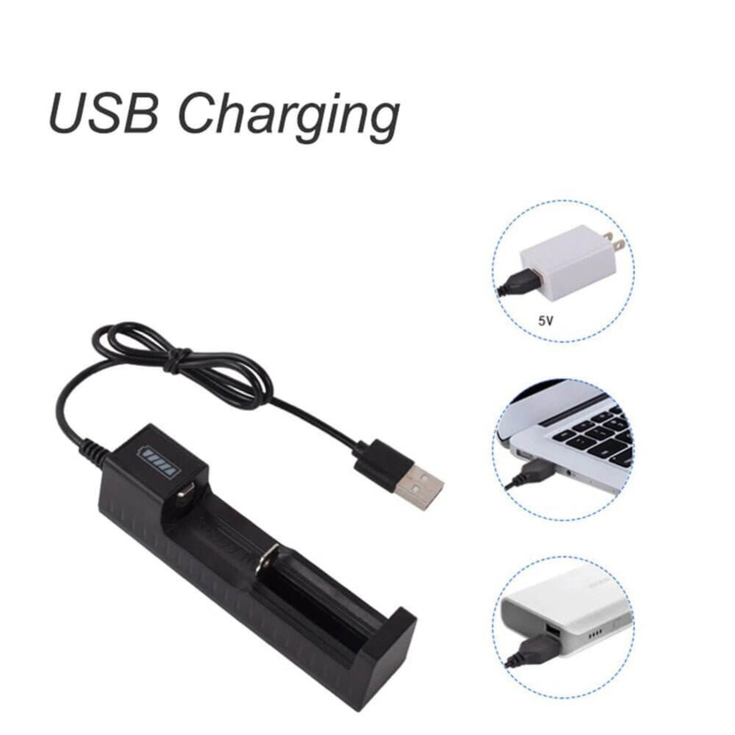 18650 USB battery charger with LED indicator, compatible with Li-ion rechargeable batteries, safe and portable.