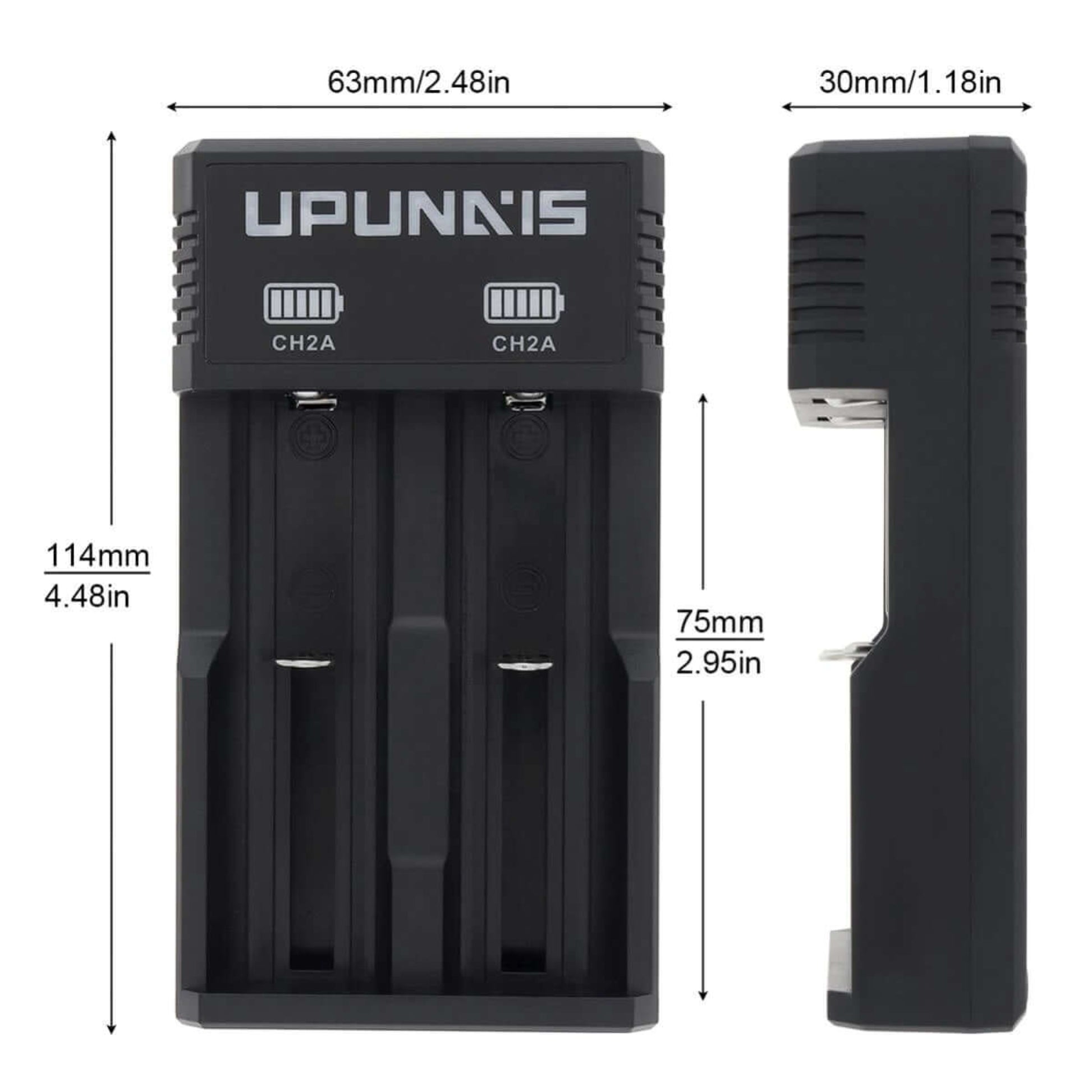 CH2A dual-slot USB battery charger dimensions, showing length 114mm, width 63mm, and height 30mm.