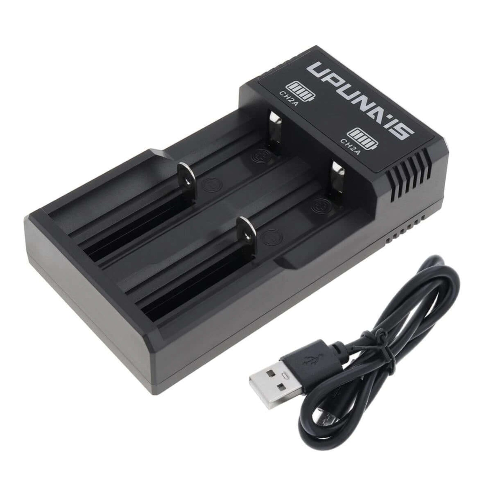CH2A dual-slot USB Li-ion charger for 26650 18650 16340 and more, with USB charging cable.