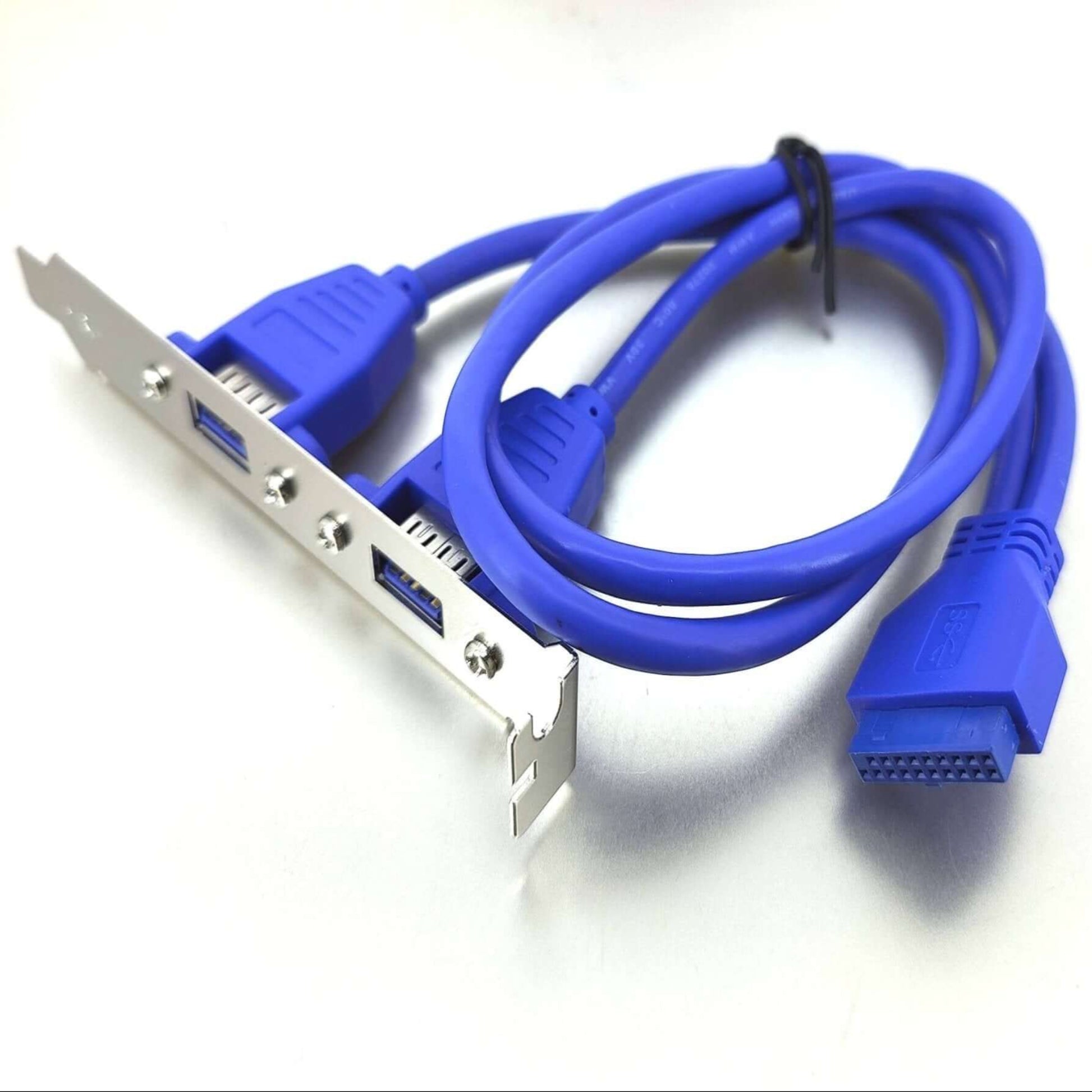 20-pin to dual USB 3.0 adapter cable with back panel bracket for motherboard expansion, high-speed data transfer.