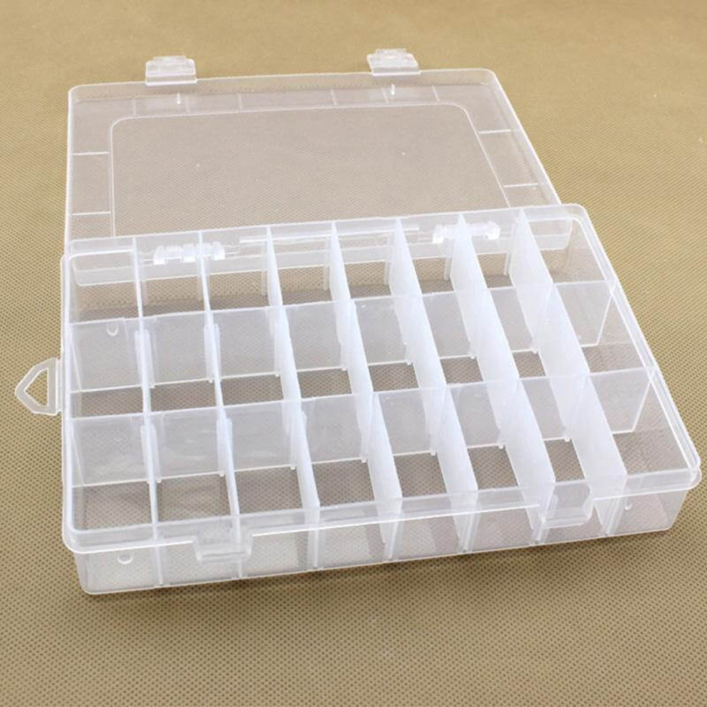 24 Compartment Adjustable Storage Box for Jewelry & Crafts with clear compartments for organization.