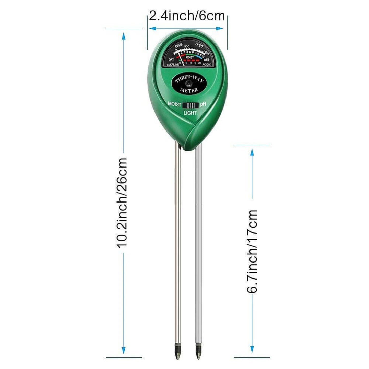 3-in-1 Soil Tester – Moisture, pH & Light Meter with dual probes for accurate gardening measurements.