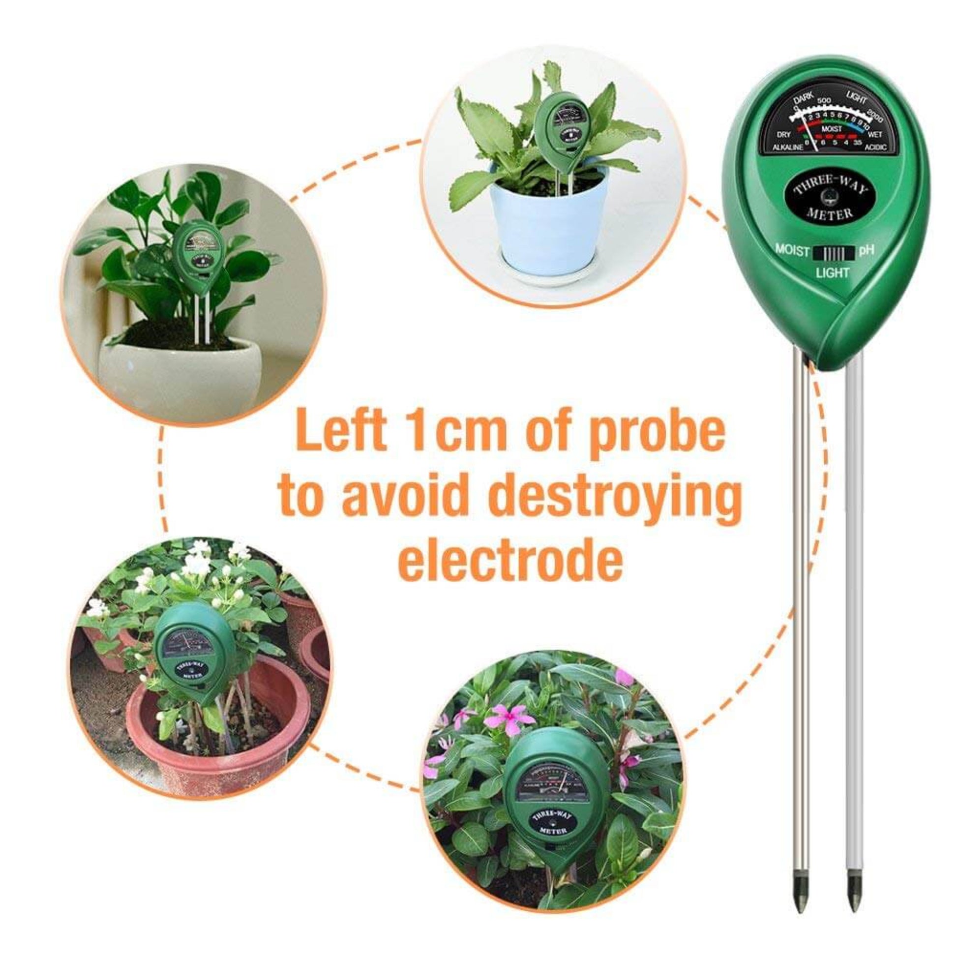 3-in-1 Soil Tester – Moisture, pH & Light Meter showing its features in use with various plants.
