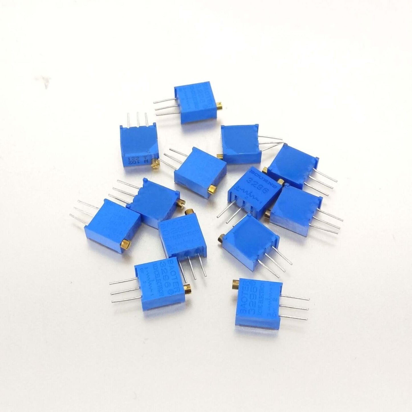 3296W adjustable potentiometer kit with 13 assorted blue trimmer resistors on a white background.