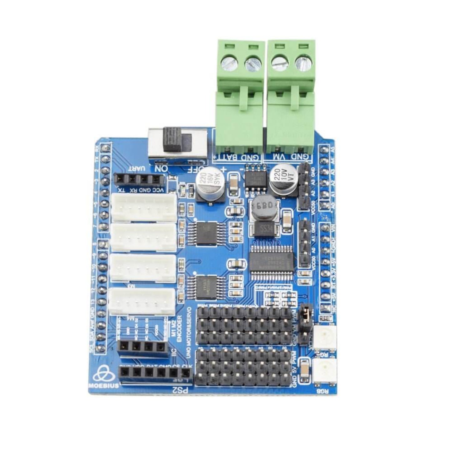 Top-down view of the 4-Channel Motor Driver Shield for Arduino, showing all ports including motor, servo, and power inputs.